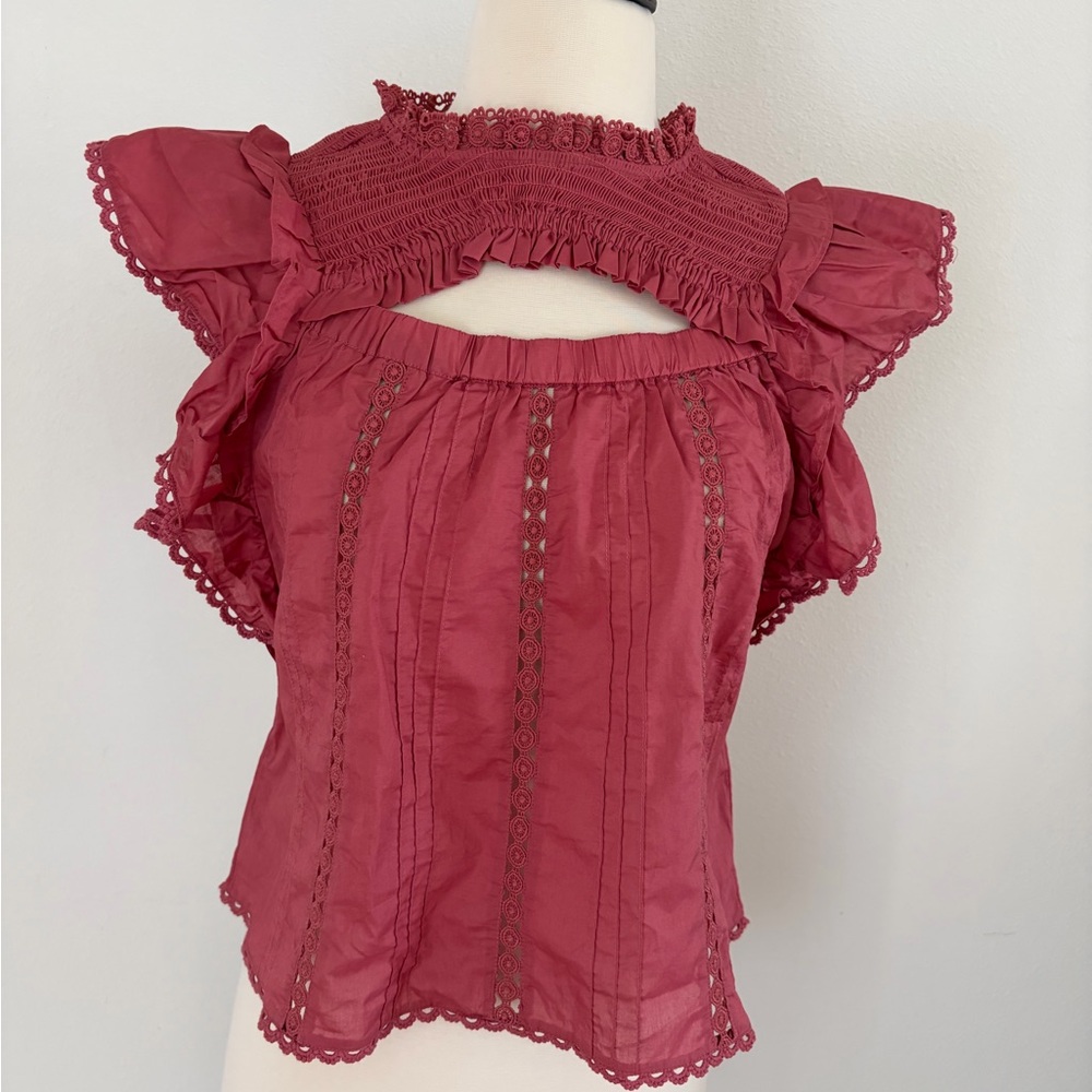 FARM Rio Ruffles Embroidered Details  Blouse in Raspberry Red/Pink XS NWT